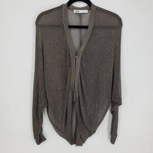 Zara Metallic Mesh Knit Bomber Cardigan Sweater M Womens Zip Up Relaxed Fit Gray